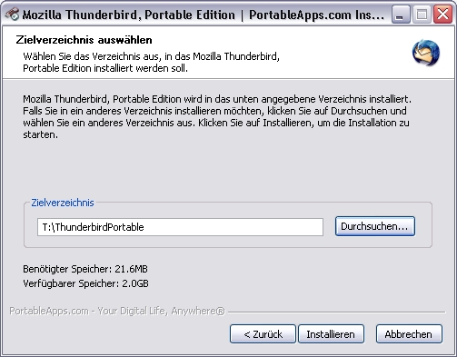 Installation von ThunderbirdPortable auf dem zuvor entschlüsselten Laufwerk.
