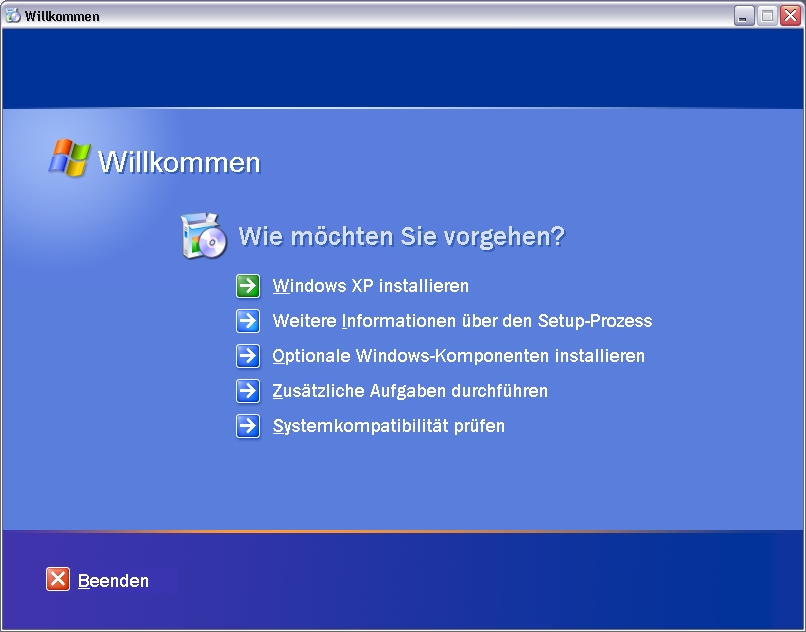 Der Willkommensbildschirm der Windows XP Installations-CD.