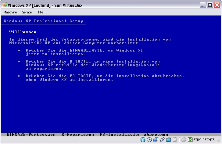 Startbildschirm des Windows XP Installationsprogramms.